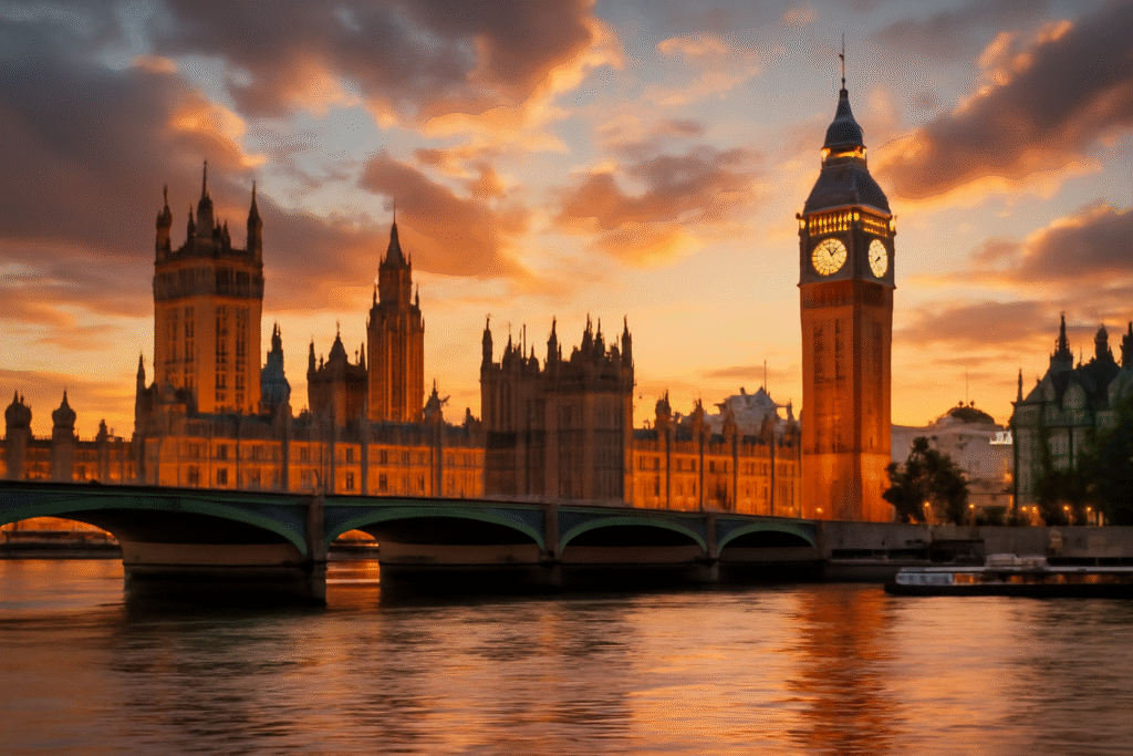 A stunning sunset view of the Palace of Westminster and Big Ben from across the River Thames in London. The Gothic Revival architecture of the Houses of Parliament dominates the scene with its ornate spires, pointed arches, and intricate stonework glowing in warm golden light. The iconic Big Ben clock tower stands prominently on the right side. Westminster Bridge spans across the Thames with its distinctive green iron arches. The river reflects the warm sunset colors with gentle ripples on the water surface. A small passenger boat is visible on the Thames. The sky features dramatic clouds with soft pink, orange, and blue hues during golden hour. The lighting creates a romantic, cinematic atmosphere with the historic buildings beautifully illuminated against the colorful evening sky. Photorealistic, high detail, professional photography style, wide angle composition.