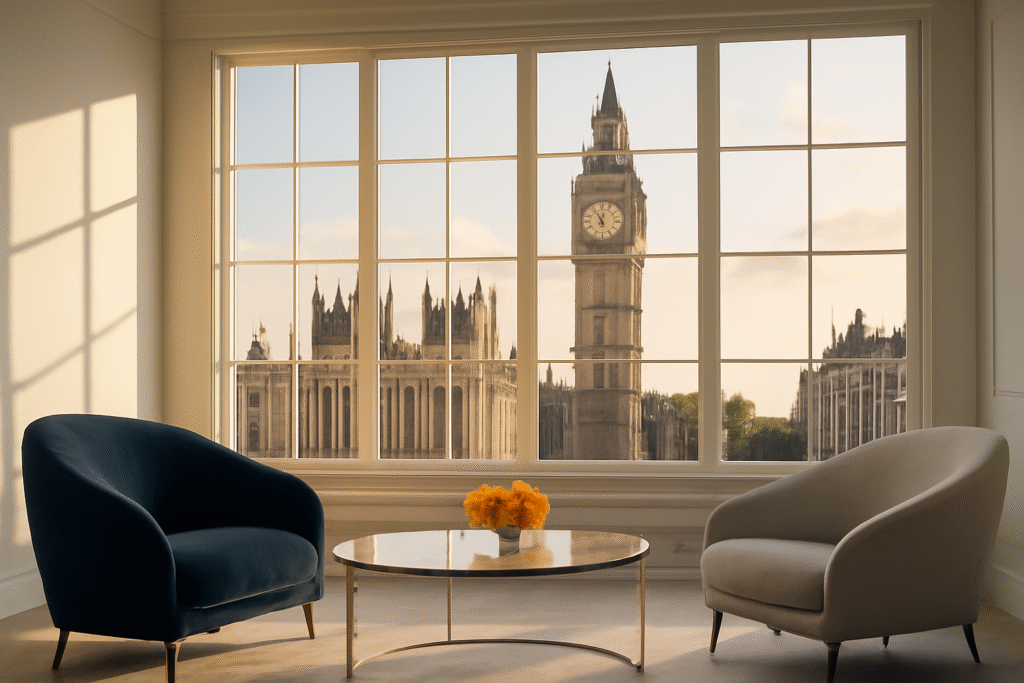 Luxurious modern living room interior with floor-to-ceiling grid windows overlooking Big Ben and the Palace of Westminster in London. The room features light gray or off-white walls. Furniture includes: a curved navy blue velvet armchair on the left, and a light gray curved modern chair on the right side of the frame. Between them is a sleek oval glass coffee table (not round) with a thin metal frame. On the coffee table sits a clear glass bowl containing orange/amber colored decorative objects (flowers or ornamental balls). The large white-framed windows with geometric grid patterns provide a stunning view of the Gothic Houses of Parliament and Big Ben clock tower in warm golden sunlight. The room has a sophisticated, minimalist aesthetic with clean lines. Soft natural daylight creates gentle shadows and warm illumination throughout the space. Shot from a living room perspective looking toward the iconic London landmarks through the windows. Photorealistic, luxury interior design, architectural photography, professional lighting, ultra high detail, contemporary furniture styling.