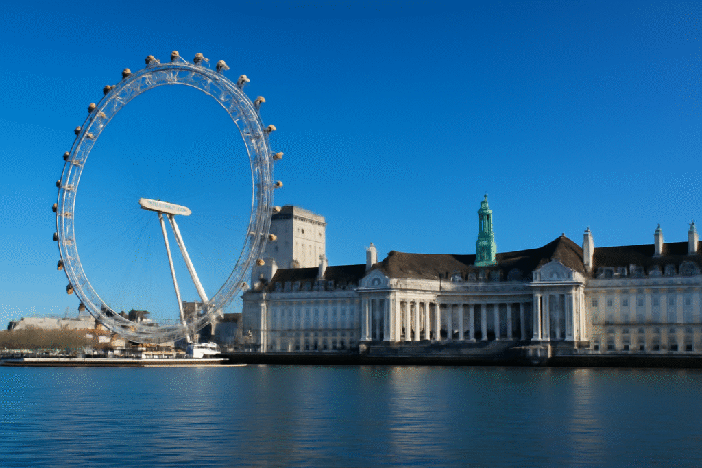 Wide-angle view of the London Eye and County Hall along the South Bank of the River Thames in London on a clear sunny day. The iconic white London Eye ferris wheel dominates the left side of the image against a brilliant blue sky. The neoclassical County Hall building stretches along the waterfront with its grand white limestone facade, featuring symmetrical rows of windows, classical columns, and ornate architectural details. The building's impressive length and uniform design create a majestic riverside frontage. The River Thames flows in the foreground with calm blue water reflecting the clear sky. The perspective is taken from across the river, showing the full scale of both landmarks. Crystal clear blue sky with minimal clouds, bright daylight creating sharp shadows and highlights on the white building facades. Ultra-wide composition capturing the entire scene, photorealistic, high detail, professional architectural photography, vibrant colors, sharp focus throughout.