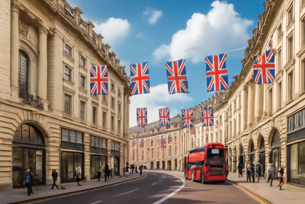 A majestic curved Georgian street in London with elegant cream-colored limestone buildings featuring classical architecture, ornate columns, and wrought iron balconies. Multiple Union Jack flags are strung across the street between buildings, creating a festive patriotic atmosphere. The street curves gracefully with a red double-decker bus visible on the right side. Pedestrians in casual clothing walk along the sidewalks. Ground floor shops with large windows line both sides of the street. The architecture shows symmetrical rows of tall sash windows, decorative cornices, and neoclassical details. Bright blue sky with white fluffy clouds overhead. The perspective shows the street curving away into the distance, creating depth and grandeur typical of Regent Street or similar prestigious London shopping districts.