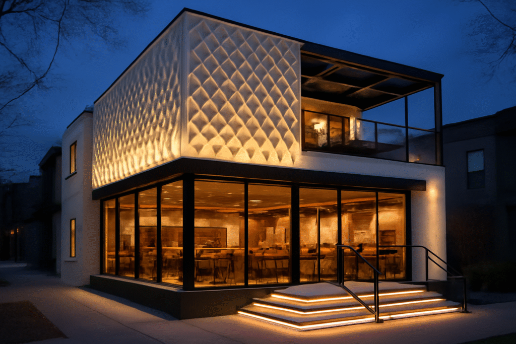 Evening twilight exterior view of a contemporary two-story restaurant building with striking architectural design. FACADE: white/cream colored building with distinctive diamond lattice pattern covering the upper level exterior wall, creating geometric shadows. GROUND FLOOR: fully glazed storefront with floor-to-ceiling glass windows and doors, warm golden interior lighting visible inside showing dining area and bar. UPPER LEVEL: covered terrace/balcony with black metal framework and glass enclosure, warm interior lighting. ENTRANCE: wide concrete steps with integrated LED strip lighting along the edges creating illuminated steps, black metal handrails with modern design. INTERIOR VISIBLE: restaurant dining room with tables, chairs, and distinctive hexagonal tile pattern wall feature visible through the glass. LIGHTING: warm 2700K interior lighting contrasting with cool blue twilight exterior, architectural accent lighting on building facade. SURROUNDINGS: urban street setting with neighboring buildings visible in background, bare tree branches overhead, paved sidewalk area. ATMOSPHERE: blue hour photography with perfect balance between warm interior lights and cool evening sky. Professional architectural photography emphasizing the building's modern geometric design and inviting warm interior glow.