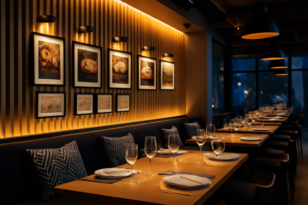 Interior view of an upscale modern restaurant with warm ambient lighting. LEFT WALL: vertical wooden slat wall feature with integrated LED strip lighting creating dramatic uplighting effect. Two rows of framed artwork - upper row features colorful food photography including coffee beans and coffee cup images, lower row displays black and white sketches and illustrations, all in matching dark frames with gallery lighting. FOREGROUND: restaurant dining tables with light wood tops set for fine dining - white plates, multiple wine glasses, cloth napkins, and navy blue patterned cushions with geometric tribal/chevron designs on built-in banquette seating. BACKGROUND RIGHT: floor-to-ceiling windows showing evening/dusk lighting outside, additional dining tables with dark chairs. CEILING: exposed industrial elements painted dark with modern black pendant lights and track lighting. LIGHTING: warm 2700K temperature with layered lighting - LED strip behind wooden slats, artwork spotlights, pendant fixtures, and natural window light. Color palette: warm honey wood tones, navy blue accents, white table settings, dark frames. Professional restaurant photography with shallow depth of field focusing on foreground table setting.