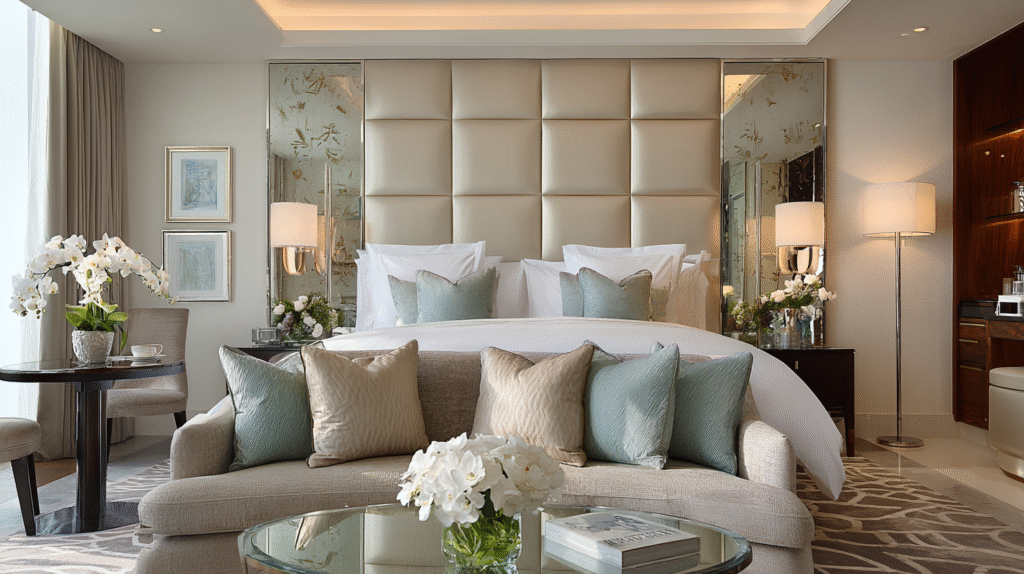 A luxurious hotel bedroom with elegant, modern interior design. The scene features a large bed with a tufted, padded headboard, crisp white bedding, and decorative pillows in beige and light blue tones. In front of the bed is an upholstered sofa with multiple plush cushions, matching the color palette of the bed. On each side of the bed are dark bedside tables with table lamps, fresh flowers, and framed photos, all positioned against beige panelled walls. The room includes mirrored panels and a soft, patterned carpet, with a round glass coffee table in the foreground holding a vase of white orchids. The atmosphere is bright, serene, and stylish, with warm ambient lighting and a sophisticated overall look.
