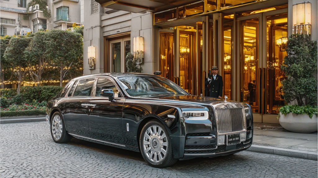 A luxury black Rolls-Royce sedan with a chrome grille and distinctive Spirit of Ecstasy hood ornament is parked on a cobblestone driveway in front of an elegant hotel entrance. The car has a personalized license plate, shiny metallic surfaces, and clear reflections. The hotel façade features tall glass doors with gold accents, warm lights glowing inside, and a uniformed doorman visible through the entrance. The setting exudes sophistication, exclusivity, and urban luxury, with manicured hedges on either side of the doorway.