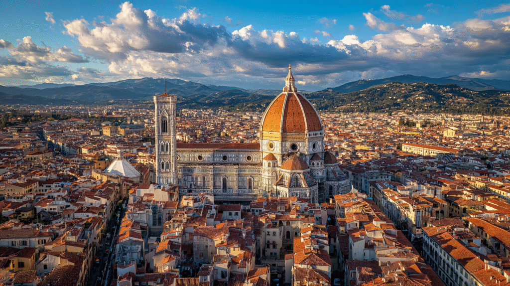 Aerial panoramic view of Florence, Italy, featuring the iconic Duomo cathedral with its massive terracotta dome and white marble bell tower (Campanile di Giotto). The Renaissance cathedral dominates the cityscape with its distinctive red-orange dome, Gothic revival facade, and tall square bell tower. Surrounding the cathedral are traditional Tuscan terracotta-roofed buildings creating a sea of orange and red rooftops. In the background, rolling Tuscan hills and mountains under a partly cloudy blue sky with white puffy clouds. Golden hour lighting casting warm tones across the historic city center. Photorealistic, highly detailed architectural photography, shot from an elevated viewpoint, 4K resolution, professional travel photography style.