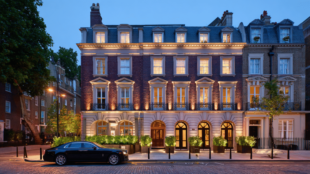 "Professional architectural photography of a luxury boutique hotel during golden hour twilight in London Mayfair. Five-story Edwardian/Georgian townhouse with distinctive dark burgundy/maroon colored brick facade on ground floor transitioning to cream limestone upper floors. Ground floor features three large rounded arched openings with bright warm golden light spilling onto the street, flanked by manicured dark green hedges. Upper four floors have bright white/cream stone facade with symmetrical rows of tall rectangular windows all warmly illuminated from within, decorative classical pilasters, ornate balustrades, and small French balconies on second and third floors. Mansard roof with five dormer windows topped by flagpole. The building is narrower and more vertical than surrounding Georgian terraced houses visible on both sides. Black luxury sedan (appears to be Rolls-Royce) parked on curved brick driveway in front. Street-level bollards and refined landscaping. Shot during bright blue hour with lighter twilight sky, abundant warm interior lighting creating strong golden glow from all windows, well-lit exterior facade with architectural uplighting, professional architectural photography with bright balanced exposure, no dark shadows, well-illuminated street level. Ultra-realistic, high resolution, bright luxury London hotel exterior, well-lit evening scene.