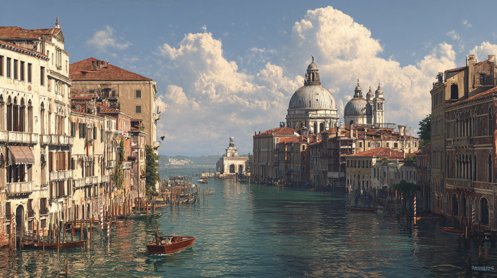 A photorealistic daytime view of Venice's Grand Canal looking toward the iconic Santa Maria della Salute basilica with its distinctive white stone dome and smaller domes. The composition captures the famous Venetian waterway lined with historic Renaissance and Baroque palazzo buildings in warm terracotta, ochre, cream, and pale pink colors with traditional red-tiled roofs on both sides of the canal. The turquoise-green canal water flows through the center with several boats including a classic wooden water taxi or vaporetto in the foreground, and traditional gondolas scattered throughout the waterway. Wooden mooring poles (pali) are visible along the canal edges. The magnificent domed church dominates the background skyline with its grand octagonal white dome topped with a lantern and statue, flanked by two smaller bell towers. Ornate multi-story buildings with arched windows, balconies, and weathered facades characteristic of Venetian Gothic and Renaissance architecture line both banks. The sky features a dramatic mix of blue patches and white-gray clouds creating beautiful natural lighting. The lagoon waters extend to the horizon on the left side. The scene captures the timeless romantic atmosphere of Venice with warm natural colors, soft daylight, and the authentic lived-in character of the historic city. Professional travel photography style with rich colors, sharp architectural details, perfect composition, and a sense of grandeur and Italian heritage.