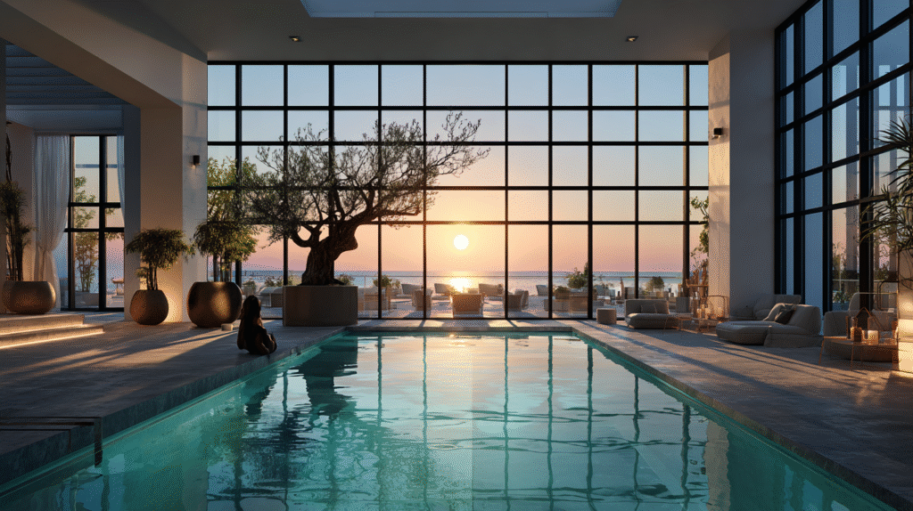 A photorealistic interior view of a luxurious modern spa or resort indoor pool at sunset, shot from inside looking out through floor-to-ceiling black-framed glass windows. The composition features a serene rectangular indoor pool with crystal-clear turquoise water in the foreground, with a single person sitting peacefully at the pool's edge in silhouette. The pool is bordered by sleek black metal railings and smooth stone or concrete decking. The massive window wall is divided into a geometric grid pattern with thick black metal frames, creating a striking architectural feature. Through the windows, a breathtaking sunset view reveals a golden-orange sky transitioning to soft blue, overlooking a calm sea or ocean on the horizon. The outdoor terrace visible through the glass features comfortable lounge furniture, decorative planters, a distinctive bare sculptural tree with gnarled branches, and what appears to be a pergola or covered seating area. Lush green vegetation lines the terrace edge. The interior space has minimalist white walls with subtle lighting, and white cushioned seating is partially visible on the sides. Warm golden hour light floods through the windows, casting geometric shadows and reflections on the water surface. The atmosphere is tranquil, meditative, and luxurious with a perfect balance of indoor-outdoor living. Professional architectural and hospitality photography style with perfect exposure, rich warm tones, sharp details, and a sense of peaceful sophistication.