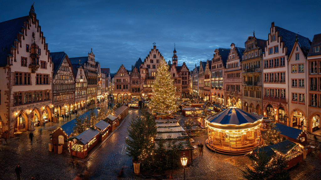 A stunning evening view of a traditional German Christmas market in a historic town square, photographed from an elevated angle. The scene features beautifully preserved medieval half-timbered buildings (Fachwerk architecture) with distinctive triangular gables lining the square. In the center, a magnificent illuminated Christmas tree stands tall, decorated with thousands of warm white lights. The square is filled with traditional wooden market stalls with peaked roofs, and a vintage carousel with ornate decorations. The architecture shows typical Römer-style buildings with stepped gables and warm cream, beige, and brown facades. The scene is captured during blue hour with a deep navy blue sky, creating perfect contrast with the golden warm lighting from the market stalls and building illuminations. Market visitors can be seen browsing the stalls. Professional photography, high detail, realistic lighting, festive atmosphere, wide-angle composition, European Christmas market aesthetic, photorealistic, 8K quality.