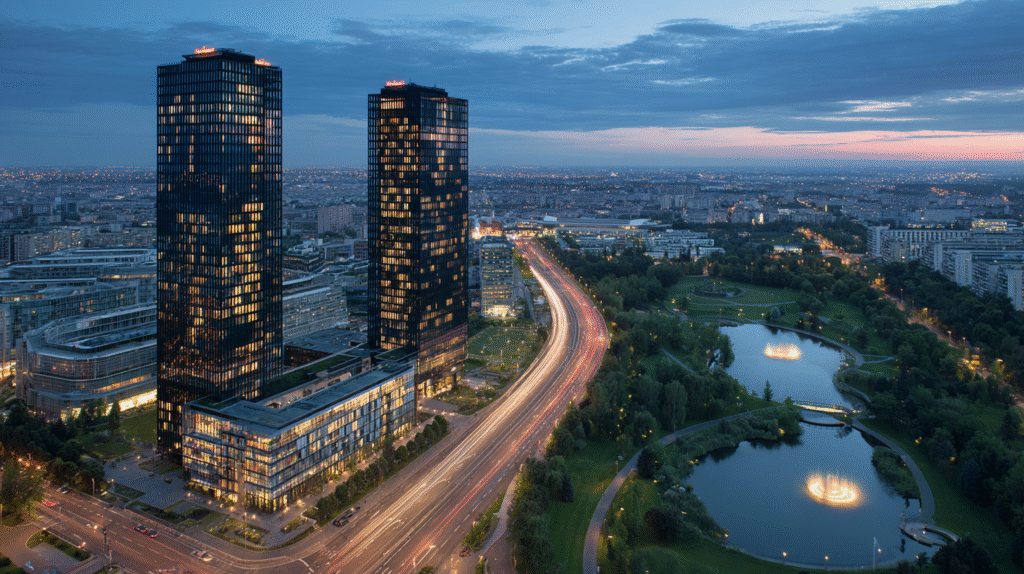 Aerial twilight view of modern twin skyscraper towers in a European city during blue hour. Two identical dark glass and steel high-rise office buildings standing side by side, with reflective grid facades showing illuminated office windows creating a pattern of golden lights. The taller tower has red illuminated signage at the top. At the base, a modern architectural complex with white horizontal elements and glass atriums. In the foreground, light trails from traffic on a curved highway leading toward the towers. To the right, a serene lake or pond with a illuminated fountain. The background shows a sprawling European cityscape at dusk with historic buildings and church spires visible on the horizon. Soft pastel sky transitioning from pink to blue. Shot from elevated perspective, professional architectural photography, long exposure for traffic trails, twilight lighting, realistic reflections on glass facades, photorealistic, 8K quality, ultra detailed.