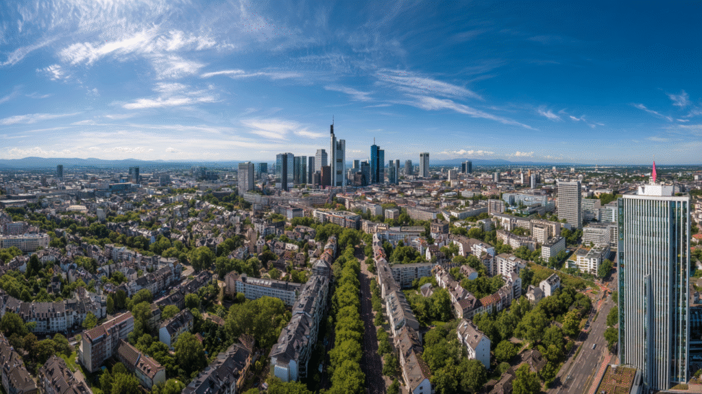 Aerial panoramic view of Frankfurt, Germany skyline on a clear sunny day. The composition shows the distinctive Messeturm (Fair Tower) with its pyramidal top as the prominent central landmark, surrounded by modern glass and steel skyscrapers of the financial district. In the foreground, residential neighborhoods with traditional low-rise buildings and tree-lined streets. A lush green linear park or boulevard cuts through the urban landscape. On the right side, a modern office building with vertical striped facade and red flags on top. Clear blue sky with wispy white clouds. Shot from high elevation, wide-angle perspective, capturing the contrast between historic residential areas and modern business district. Professional architectural photography, sharp details, natural daylight, realistic colors, photorealistic, 8K quality, urban landscape photography.