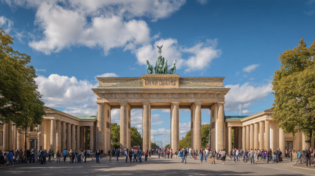 A detailed daytime photograph of the Brandenburg Gate in Berlin, Germany, viewed from the front. The neoclassical monument features twelve Doric columns forming five passageways, with the famous Quadriga sculpture (a chariot drawn by four horses with the goddess of victory) on top. The structure is made of sandstone with a warm beige color. Clear blue sky with scattered white clouds in the background. In the foreground, numerous tourists of diverse backgrounds are walking, taking photos, and gathering in the plaza. Some people are wearing casual summer clothing - shorts, t-shirts, dresses. The scene is bathed in bright natural daylight with soft shadows. Trees visible on both sides of the gate. Realistic photography style, sharp focus, wide-angle perspective, professional travel photography quality.