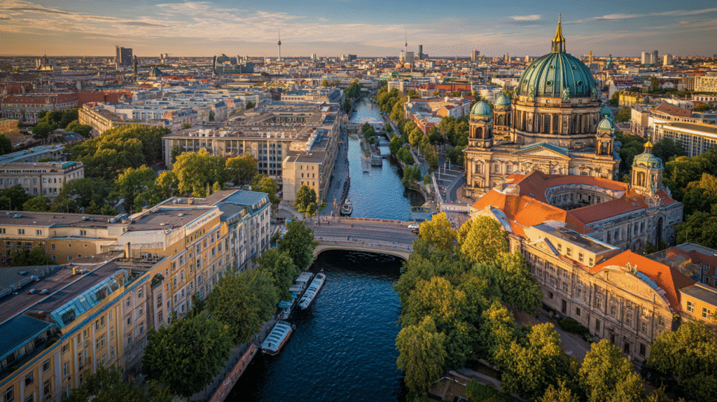 erial photograph taken from approximately 100 meters height, looking northeast across central Berlin, Germany during golden hour sunset. In the immediate foreground center, the magnificent Berlin Cathedral (Berliner Dom) with its single large oxidized turquoise-green copper dome dominating the skyline, ornate Baroque Renaissance architecture with cream-colored limestone facades and decorative columns. The Spree River flows diagonally through the frame from bottom right to upper left, creating a natural leading line, dark blue-green water with slight reflections. Multiple stone arch bridges crossing the river at regular intervals. 