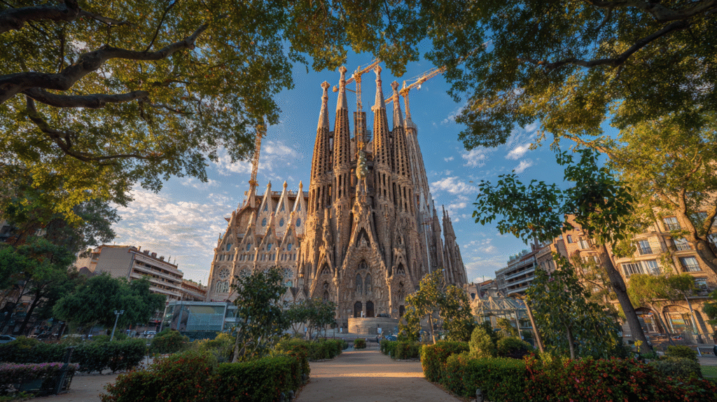 A high-quality photograph of the Sagrada Familia basilica in Barcelona, Spain, taken from a low angle in the foreground park area. The iconic cathedral dominates the center of the frame with its distinctive tall spires and intricate Gothic-inspired architecture featuring organic, nature-inspired sculptural details. Multiple construction cranes are visible at the top of the unfinished towers against a clear bright blue sky. The foreground shows a landscaped garden area with green trees, shrubs, and manicured hedges. Trees frame both sides of the composition, with a large tree visible on the left side. Warm afternoon sunlight illuminates the honey-colored stone facade of the cathedral. The perspective is slightly from below looking up, emphasizing the monumental scale of the structure. Photorealistic, sharp focus, vivid colors, architectural photography style, daytime lighting, clear weather.