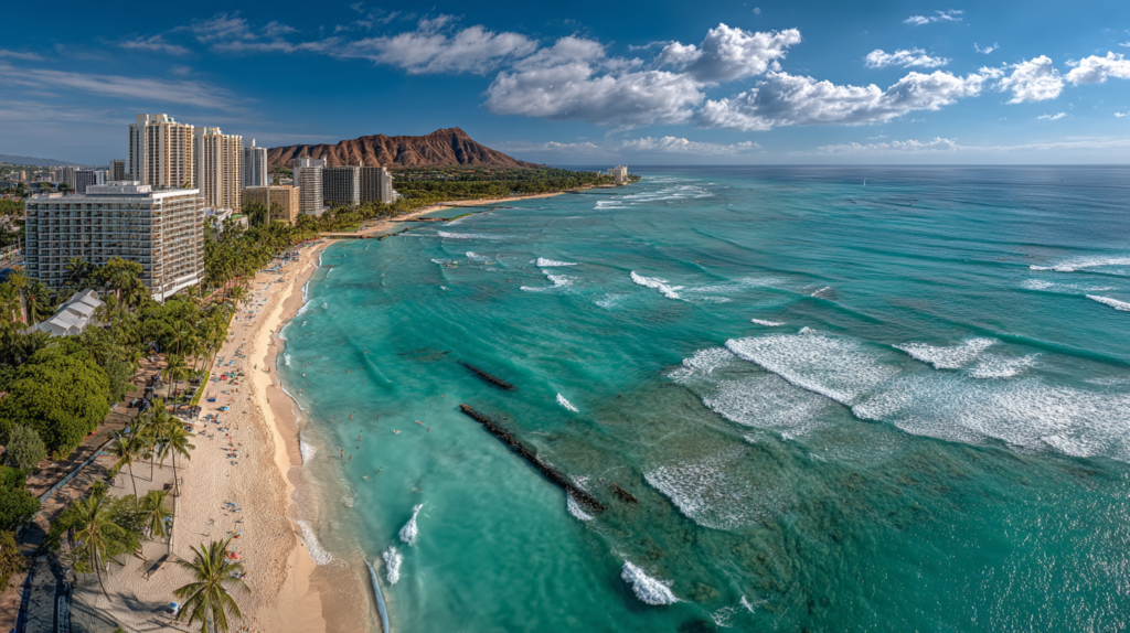 Aerial view of Waikiki Beach in Honolulu, Hawaii, showing the iconic Diamond Head crater in the background. Crystal clear turquoise blue ocean water with visible wave patterns and whitecaps. White sandy beach with people sunbathing and swimming. High-rise hotels and beachfront buildings along the shoreline surrounded by lush green tropical vegetation and palm trees. Bright sunny day with dramatic blue sky and scattered white fluffy clouds. Coastal breakwaters extending into the ocean. Photorealistic, vibrant colors, professional photography style, wide angle shot, tropical paradise atmosphere, 8K quality.
