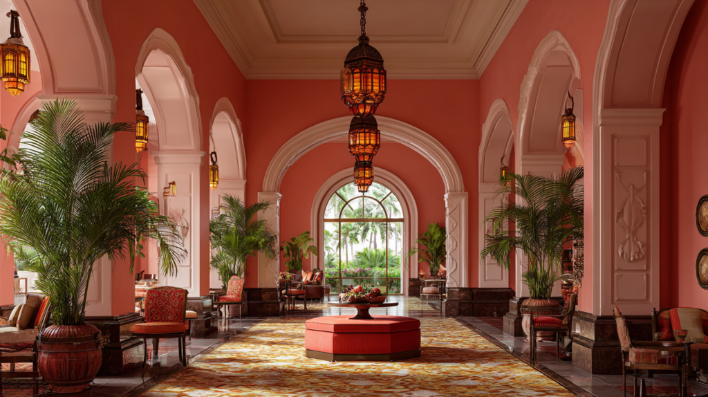 Elegant hotel lobby interior of a luxury tropical resort in Spanish-Mediterranean style. Grand open-plan space with high ceilings painted in warm coral pink. White classical columns with ornate capitals creating archways throughout the space. Symmetrical layout with central focal point featuring a large hexagonal or octagonal upholstered ottoman in terracotta red with dark wood base. Ornate patterned carpet in gold, beige, and coral tones covering the floor. Dark wood wainscoting along lower walls in rich mahogany color. Cream-colored upper walls. Multiple seating areas with upholstered chairs and small tables. Large arched window at the far end revealing lush tropical greenery outside. Hanging pendant light fixtures with amber glass shades. Potted palm plants adding tropical ambiance. Natural daylight streaming through windows and archways. Warm, inviting lighting creating a golden hour atmosphere. Professional interior photography, symmetrical composition, luxury resort aesthetic, 1920s-1930s architectural influence, photorealistic detail, 8K quality.