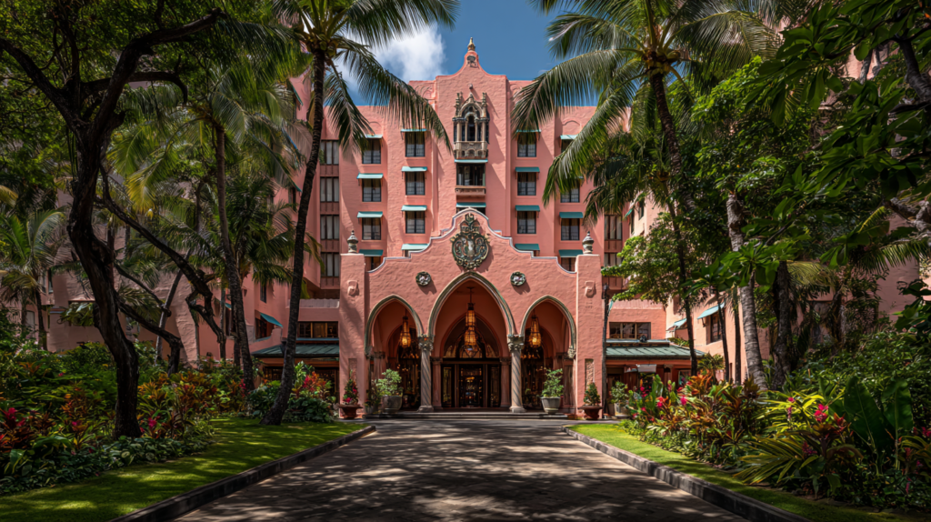 Front entrance view of the iconic Royal Hawaiian Hotel in Waikiki, Hawaii. Spanish-Moorish Revival architecture with distinctive pink coral-colored stucco facade. Central building features ornate arched entrance portico with three Moorish-style arches in deep terracotta red. Decorative coat of arms or royal crest mounted above the main entrance. Multi-story pink hotel building with symmetrical design and ornamental window details. Manicured tropical garden with perfectly maintained bright green lawn leading to the entrance. Lush landscaping with tall coconut palm trees flanking both sides of the walkway, tropical foliage, and flowering plants. Dappled sunlight filtering through tree canopy in foreground. Clear blue sky visible above. Professional architectural photography, symmetrical composition, warm afternoon lighting, vibrant colors, luxury resort aesthetic, 8K quality, photorealistic detail.