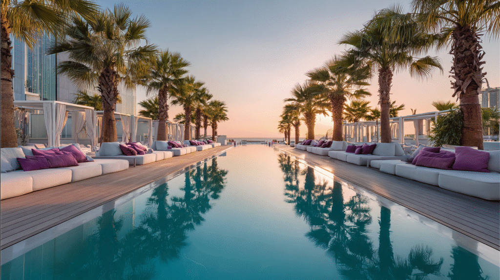Luxury rooftop pool at the W Barcelona Hotel during golden hour sunset. Symmetrical composition with a large rectangular swimming pool in the center with mirror-like turquoise water reflecting palm trees. White cushioned sun loungers with purple and pink accent pillows line both sides of the pool in perfect symmetry. Modern wooden decking surrounds the pool area. Palm trees positioned symmetrically along both sides of the pool deck. The iconic sail-shaped W Hotel building visible on the right side with its curved glass facade. Modern white umbrellas and cabanas on the left side. Warm golden sunset lighting casting a soft glow across the scene. Pastel sky transitioning from golden yellow to soft blue. Mediterranean coastal luxury atmosphere. Shot from one end of the pool looking straight down the center toward the sunset. Perfect reflections in the still pool water. Photorealistic, high-end hospitality photography, architectural symmetry, warm ambient lighting, serene and sophisticated atmosphere, ultra-sharp focus, 8K resolution.